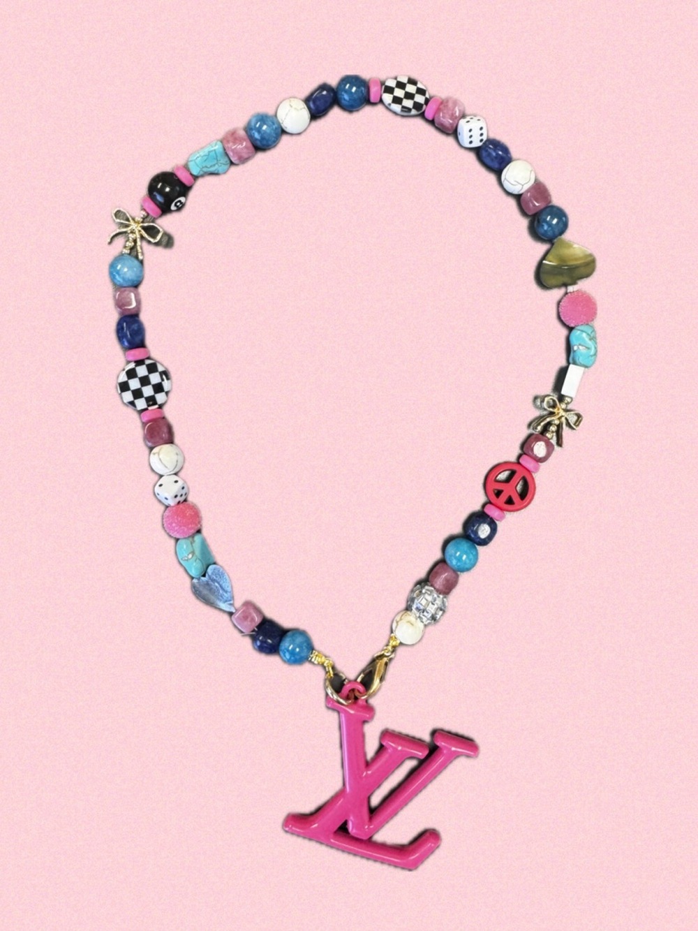 Pink Mono Pendant Multicolor Beaded Necklace